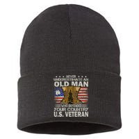 Never Underestimate An Old Man Who Defended Your Country Us Veteran Sustainable Knit Beanie