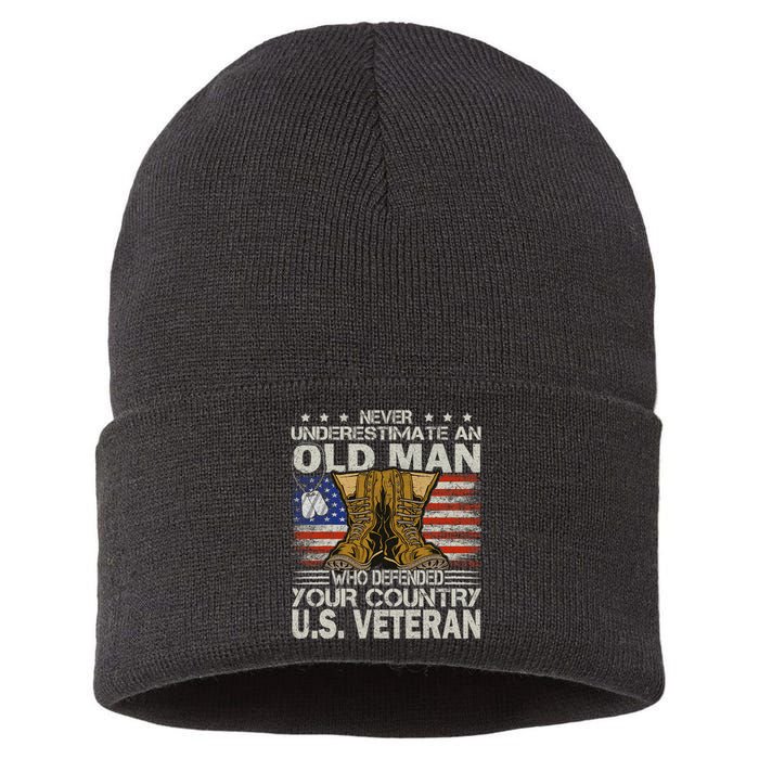 Never Underestimate An Old Man Who Defended Your Country Us Veteran Sustainable Knit Beanie