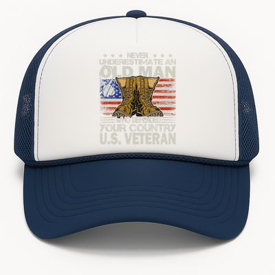 Never Underestimate An Old Man Who Defended Your Country Us Veteran Trucker Hat