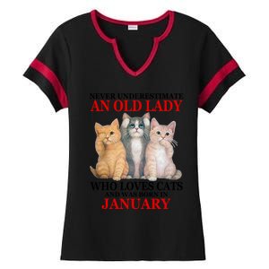 Never Underestimate An Old Lady Who Loves Cats January Ladies Halftime Notch Neck Tee