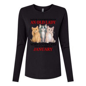 Never Underestimate An Old Lady Who Loves Cats January Womens Cotton Relaxed Long Sleeve T-Shirt