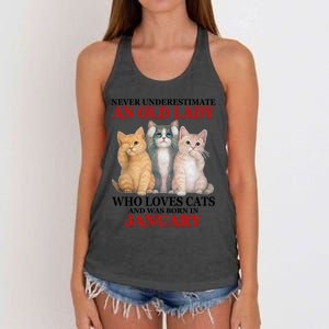 Never Underestimate An Old Lady Who Loves Cats January Women's Knotted Racerback Tank