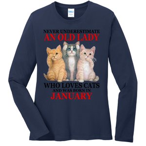 Never Underestimate An Old Lady Who Loves Cats January Ladies Long Sleeve Shirt