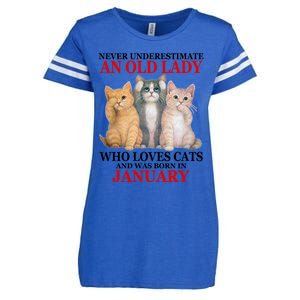 Never Underestimate An Old Lady Who Loves Cats January Enza Ladies Jersey Football T-Shirt