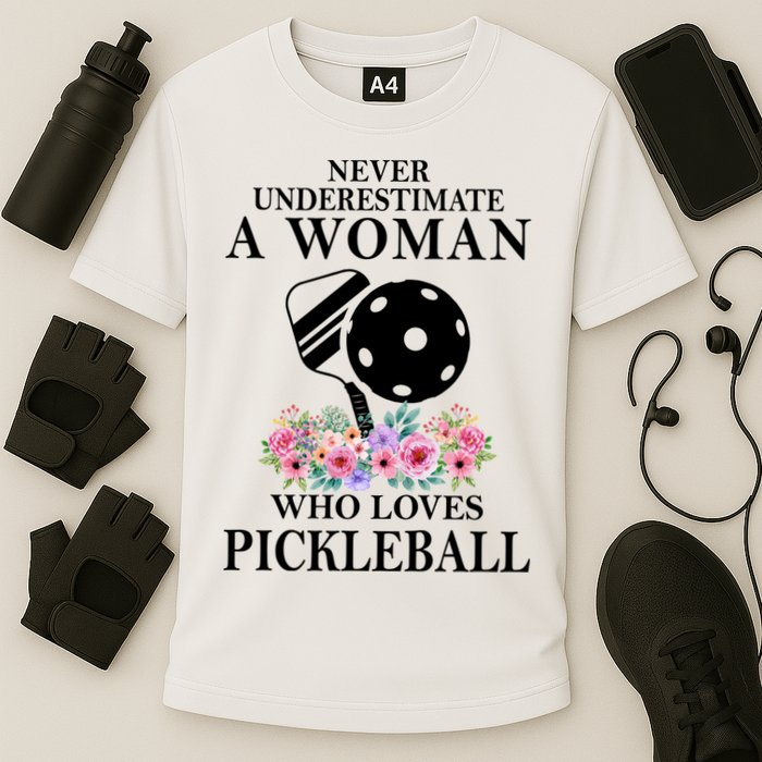 NEVER UNDERESTIMATE A WOMAN PICKLEBALL LQT Cooling Performance Crew T-Shirt