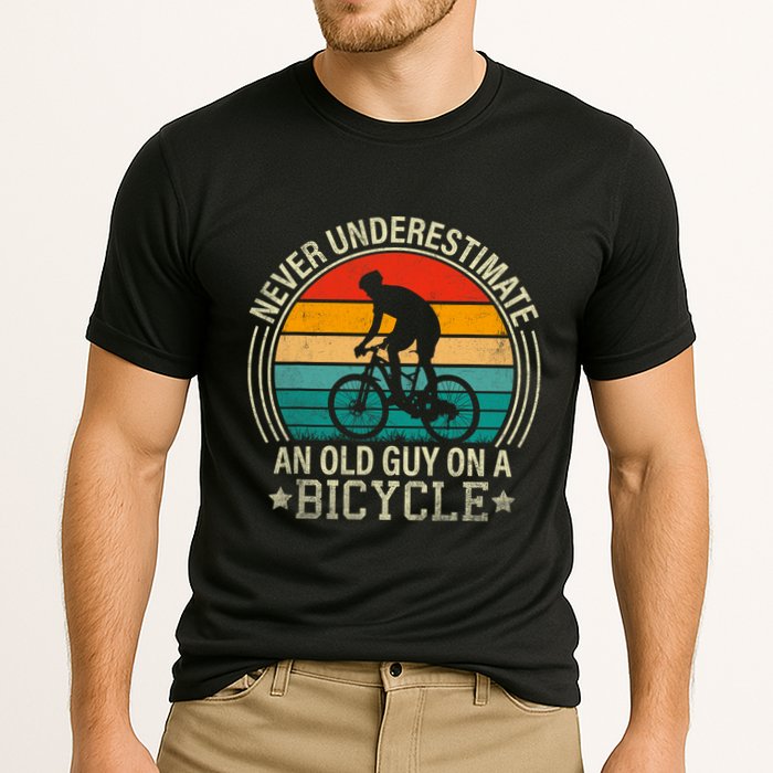 Never Underestimate An Old Guy On A Bicycle Funny Cycling Cooling Performance Crew T-Shirt