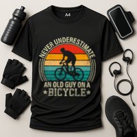 Never Underestimate An Old Guy On A Bicycle Funny Cycling Cooling Performance Crew T-Shirt