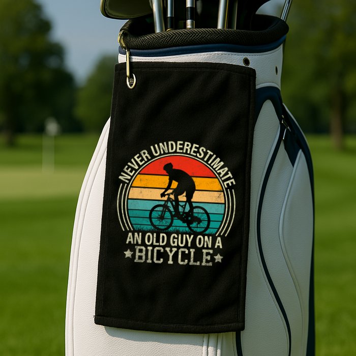 Never Underestimate An Old Guy On A Bicycle Funny Cycling Golf Towel