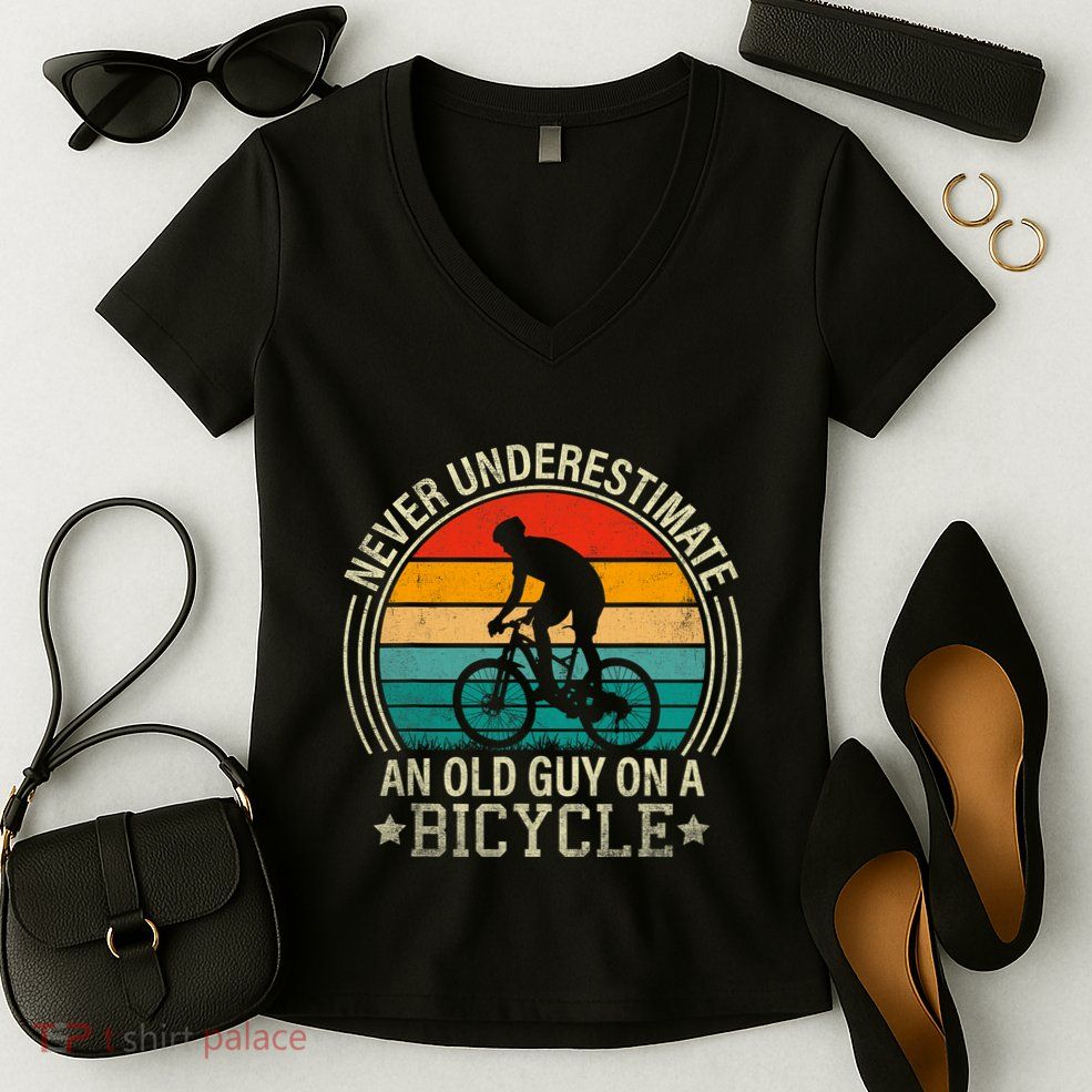 Never Underestimate An Old Guy On A Bicycle Funny Cycling Women's V-Neck T-Shirt