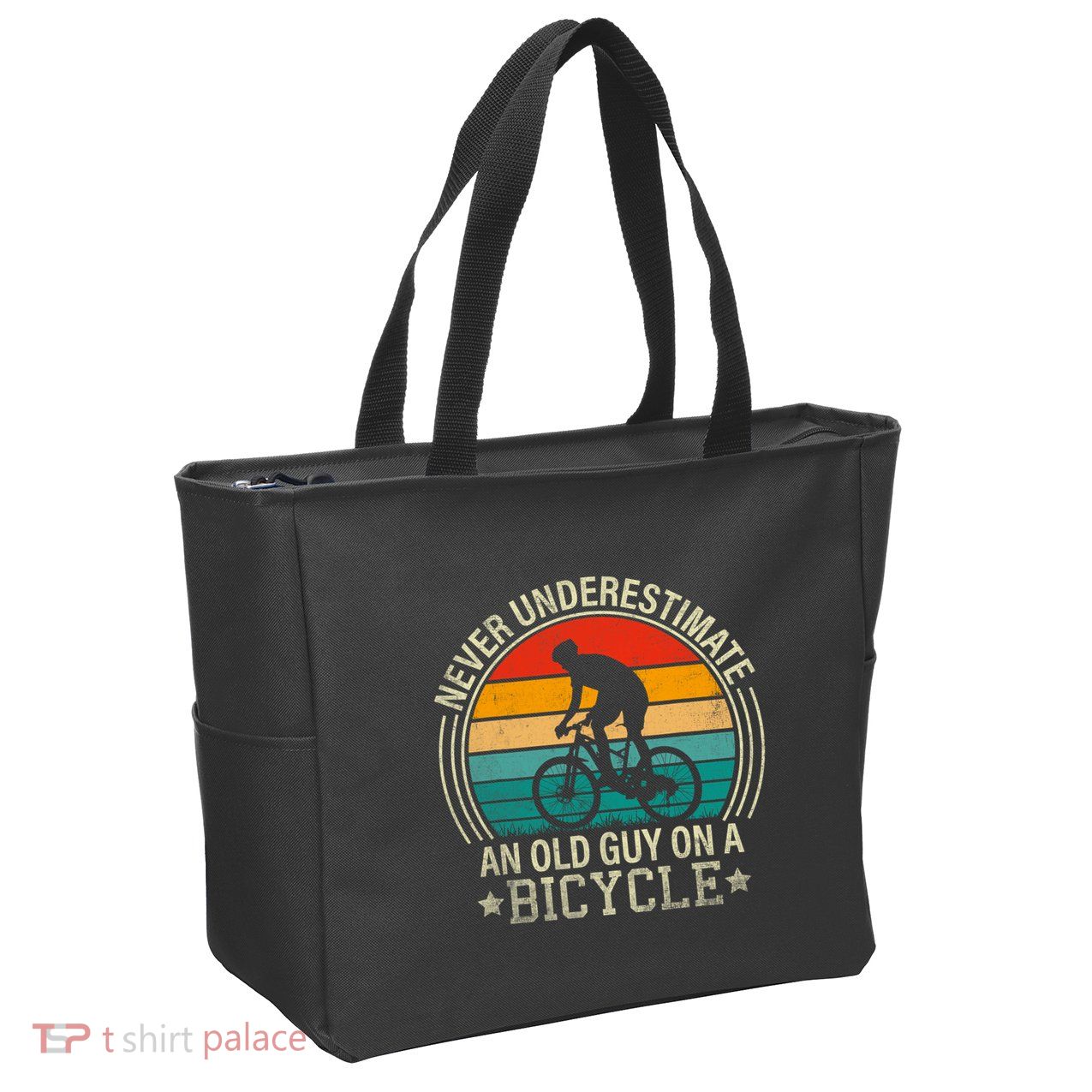 Never Underestimate An Old Guy On A Bicycle Funny Cycling Zip Tote Bag