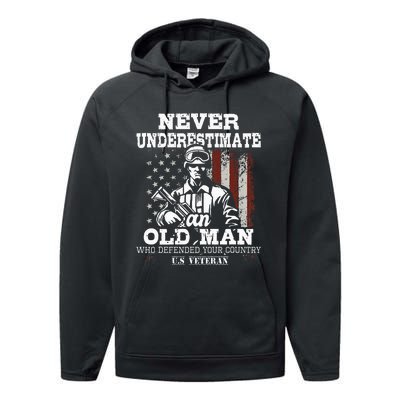 Never Underestimate An Old Man Patriotic Us Veteran Flag Performance Fleece Hoodie