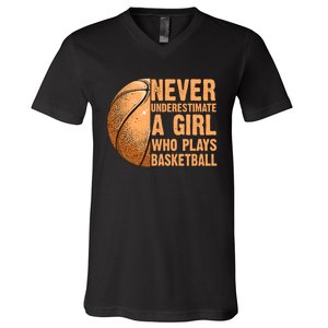 never underestimate a girl who plays basketball shirt funny V-Neck T-Shirt