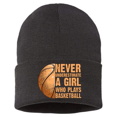 never underestimate a girl who plays basketball shirt funny Sustainable Knit Beanie