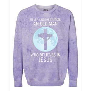 Never Underestimate An Old Man Who Believes In Jesus Colorblast Crewneck Sweatshirt