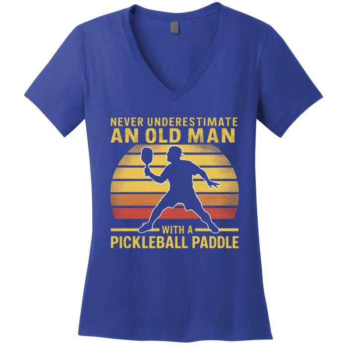 Never Underestimate An Old With A Pickleball Paddle Gift Women's V-Neck T-Shirt