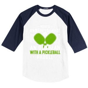 Never Underestimate An Old With A Pickleball Paddle Gift Baseball Sleeve Shirt