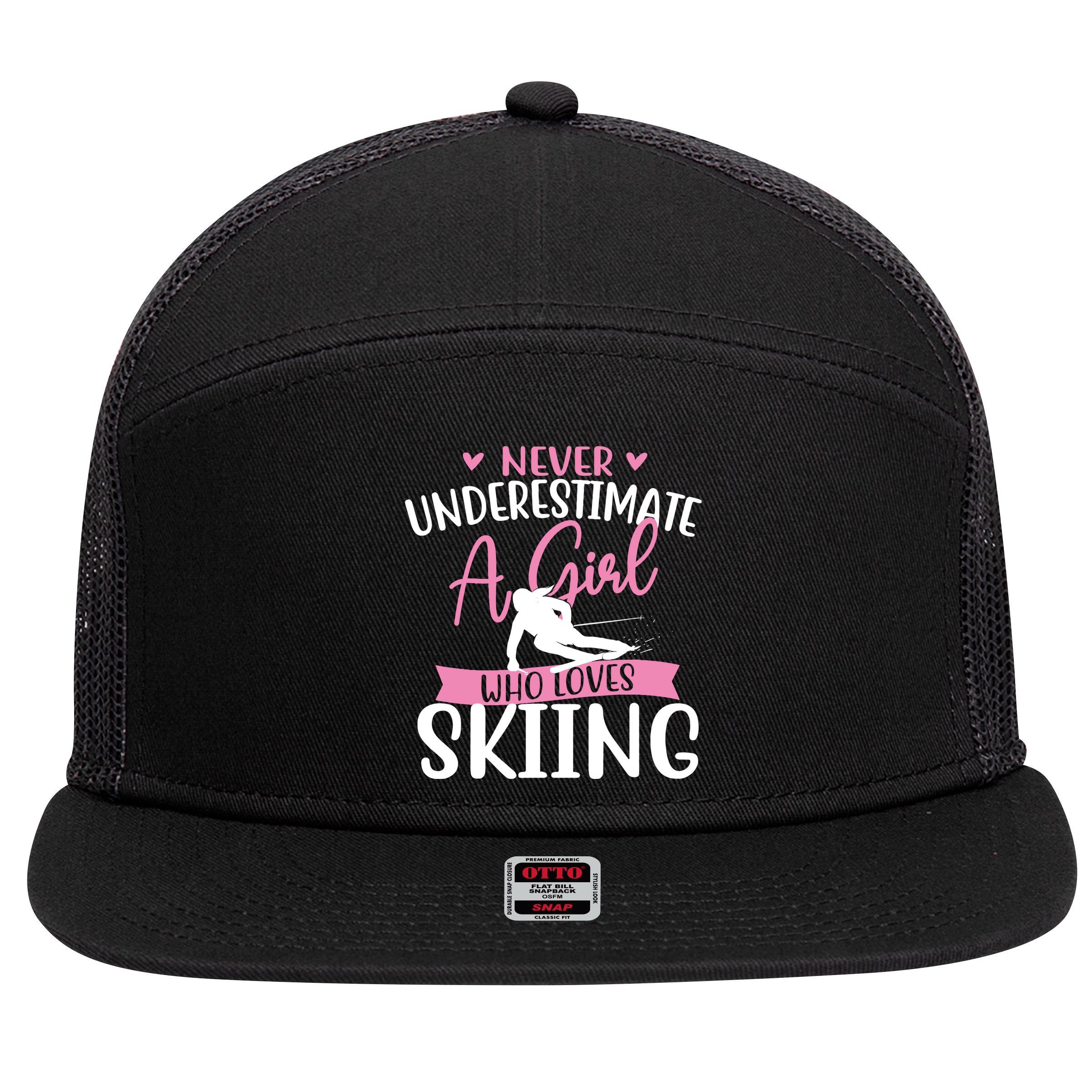 Never Underestimate A Girl Who Loves Skiing Skier Ski 7 Panel Mesh Trucker Snapback Hat