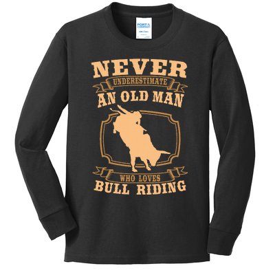 Never Underestimate An Old Man Bull Riding Rodeo Sport Kids Long Sleeve Shirt