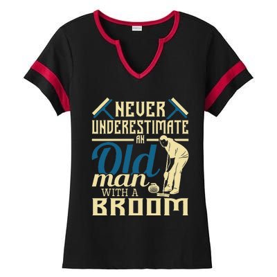 Never Underestimate An Old Man With A Broom Curling Curler Ladies Halftime Notch Neck Tee