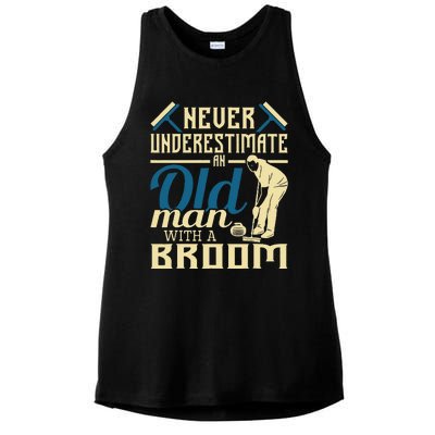 Never Underestimate An Old Man With A Broom Curling Curler Ladies PosiCharge Tri-Blend Wicking Tank