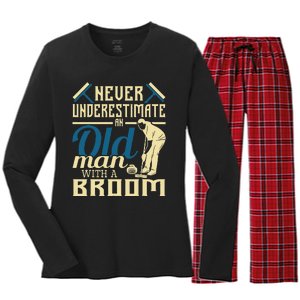 Never Underestimate An Old Man With A Broom Curling Curler Women's Long Sleeve Flannel Pajama Set 