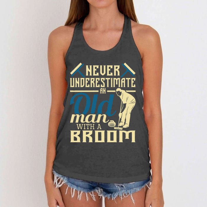 Never Underestimate An Old Man With A Broom Curling Curler Women's Knotted Racerback Tank