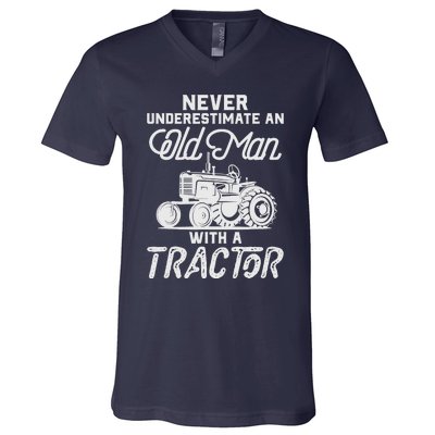 Never Underestimate An Old Man With A Tractor - Funny Farmer V-Neck T-Shirt