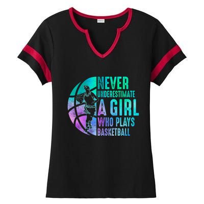 Never Underestimate A Girl Who Plays Basketball Gift Funny Sport Ladies Halftime Notch Neck Tee