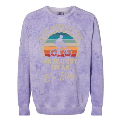 Never Underestimate An Old Guy On An Ebike Biking Colorblast Crewneck Sweatshirt