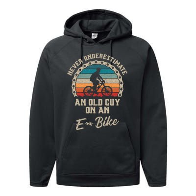 Never Underestimate An Old Guy On An Ebike Biking Performance Fleece Hoodie