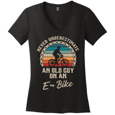 Never Underestimate An Old Guy On An Ebike Biking Women's V-Neck T-Shirt