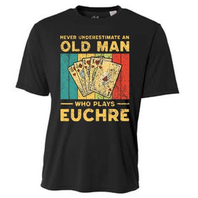 Never Underestimate An Old Man Who Plays Euchre Cooling Performance Crew T-Shirt