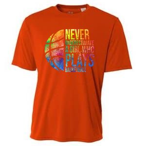 Never Underestimate A Who Plays Basketball Great Gift Basketball Gift Cooling Performance Crew T-Shirt