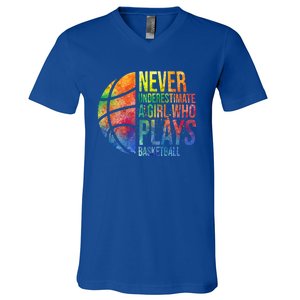 Never Underestimate A Who Plays Basketball Great Gift Basketball Gift V-Neck T-Shirt