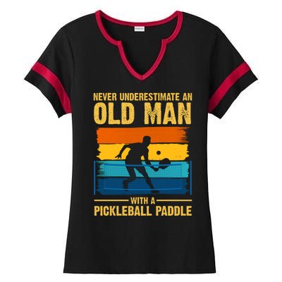 Never Underestimate An Old Man With A Pickleball Paddle Ladies Halftime Notch Neck Tee