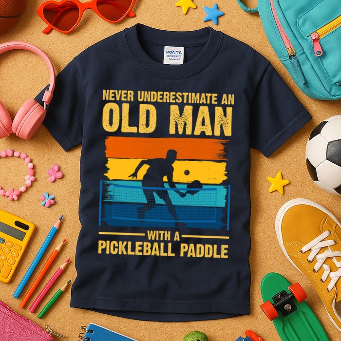 Never Underestimate An Old Man With A Pickleball Paddle Kids T-Shirt