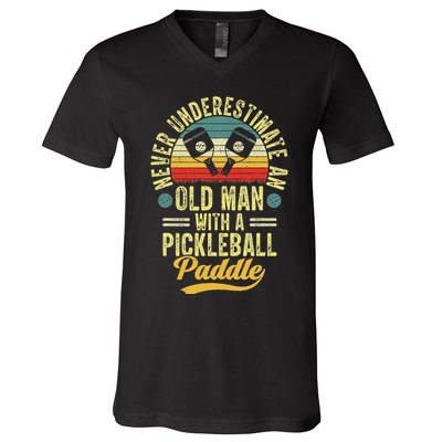 Never Underestimate An Old Man With A Pickleball Paddle V-Neck T-Shirt