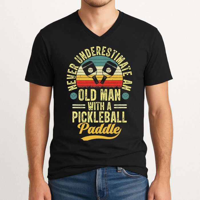 Never Underestimate An Old Man With A Pickleball Paddle V-Neck T-Shirt