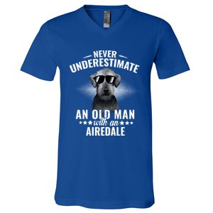 Never Underestimate An Old With Airedale Terrier Gift V-Neck T-Shirt