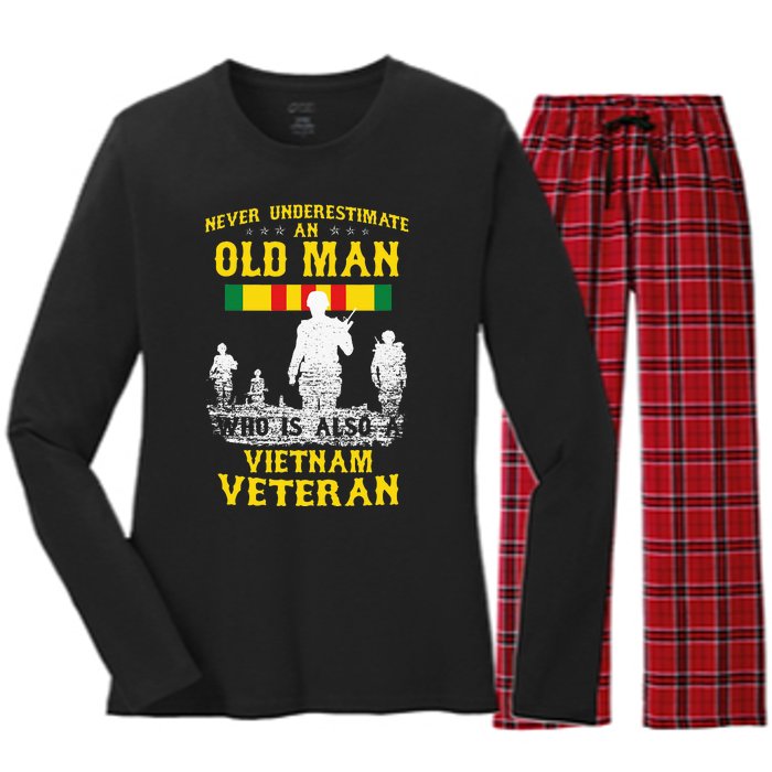 Never Underestimate An OLD MAN Vietnam Veteran Gift Women's Long Sleeve Flannel Pajama Set 