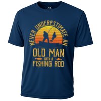 Never Underestimate An Old Man With A Fishing Rod Fisherman Cooling Performance Crew T-Shirt