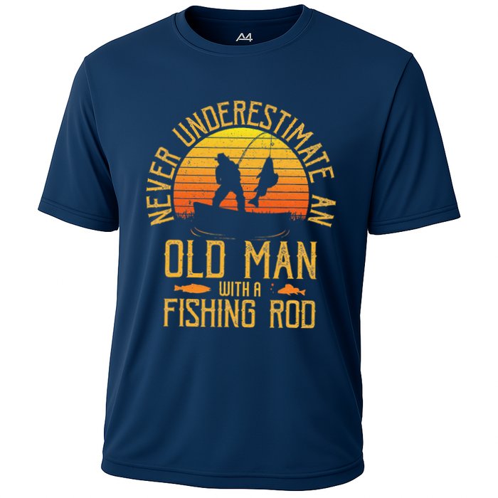 Never Underestimate An Old Man With A Fishing Rod Fisherman Cooling Performance Crew T-Shirt