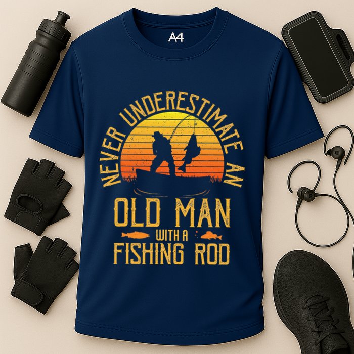 Never Underestimate An Old Man With A Fishing Rod Fisherman Cooling Performance Crew T-Shirt