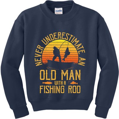 Never Underestimate An Old Man With A Fishing Rod Fisherman Kids Sweatshirt