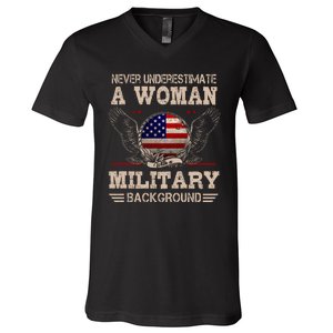 Never Underestimate A Woman With A Military Background V-Neck T-Shirt