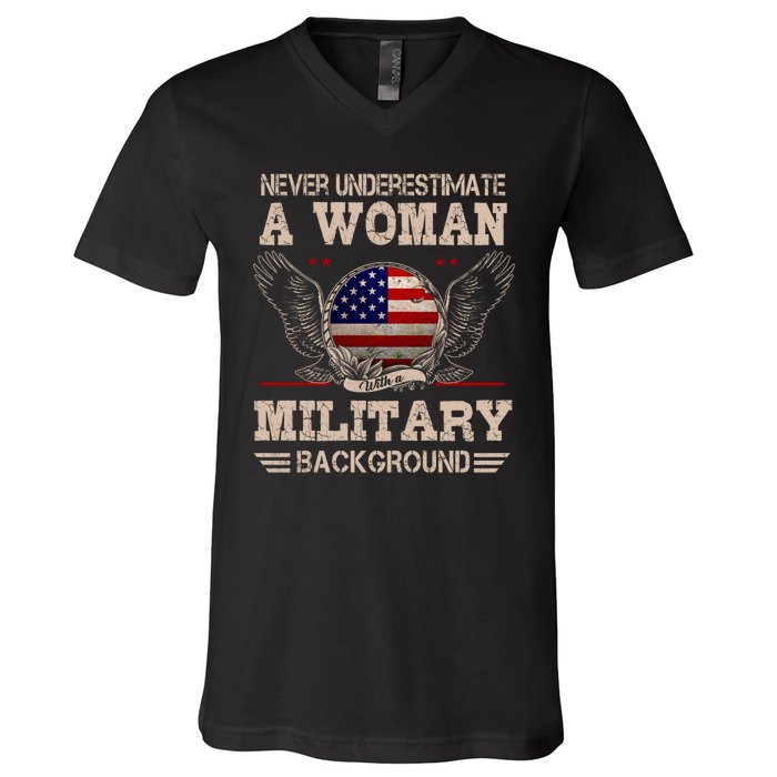 Never Underestimate A Woman With A Military Background V-Neck T-Shirt