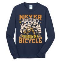 Never Underestimate An Old Guy On A Bicycle Funny Cycling Tall Long Sleeve T-Shirt