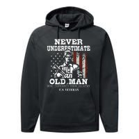 Never Underestimate An Old Man Patriotic Us Veteran Flag Performance Fleece Hoodie