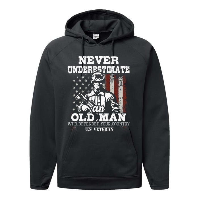 Never Underestimate An Old Man Patriotic Us Veteran Flag Performance Fleece Hoodie