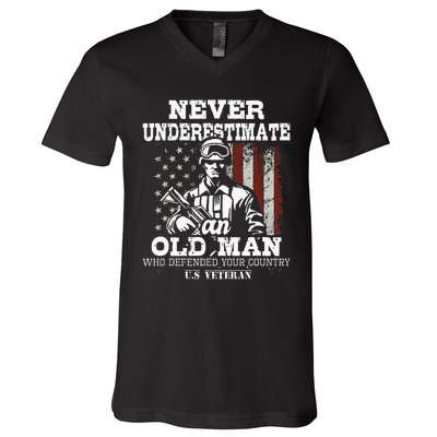 Never Underestimate An Old Man Patriotic Us Veteran Flag V-Neck T-Shirt